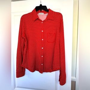 Valerie Stevens red & white polka dot long sleeve button down stretchy shirt